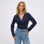 Women's Pinstripe Blouse Long Sleeve Wrap Fitted Waist