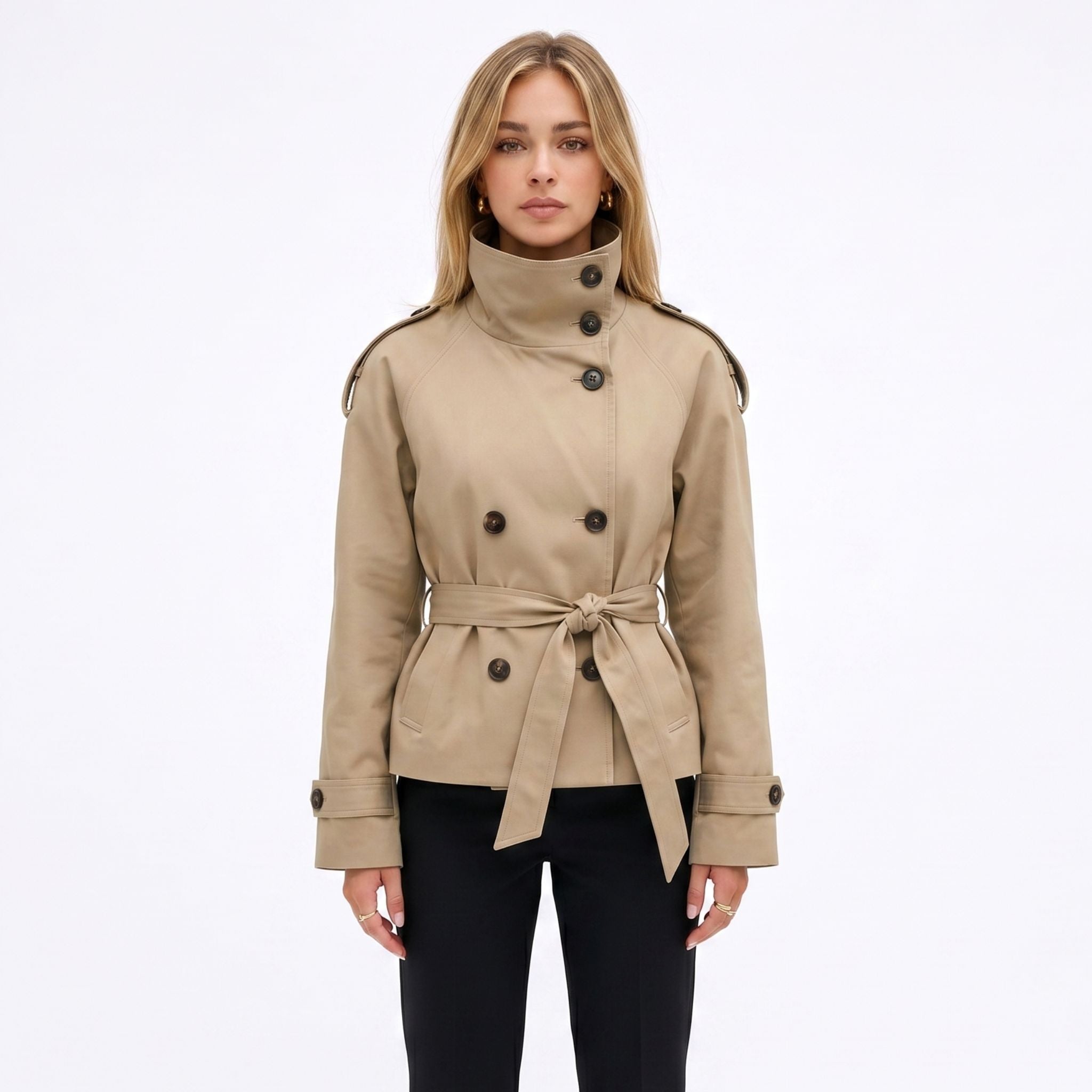 Women's Double-Breasted Trench Jacket Funnel Neck Tailored Fit