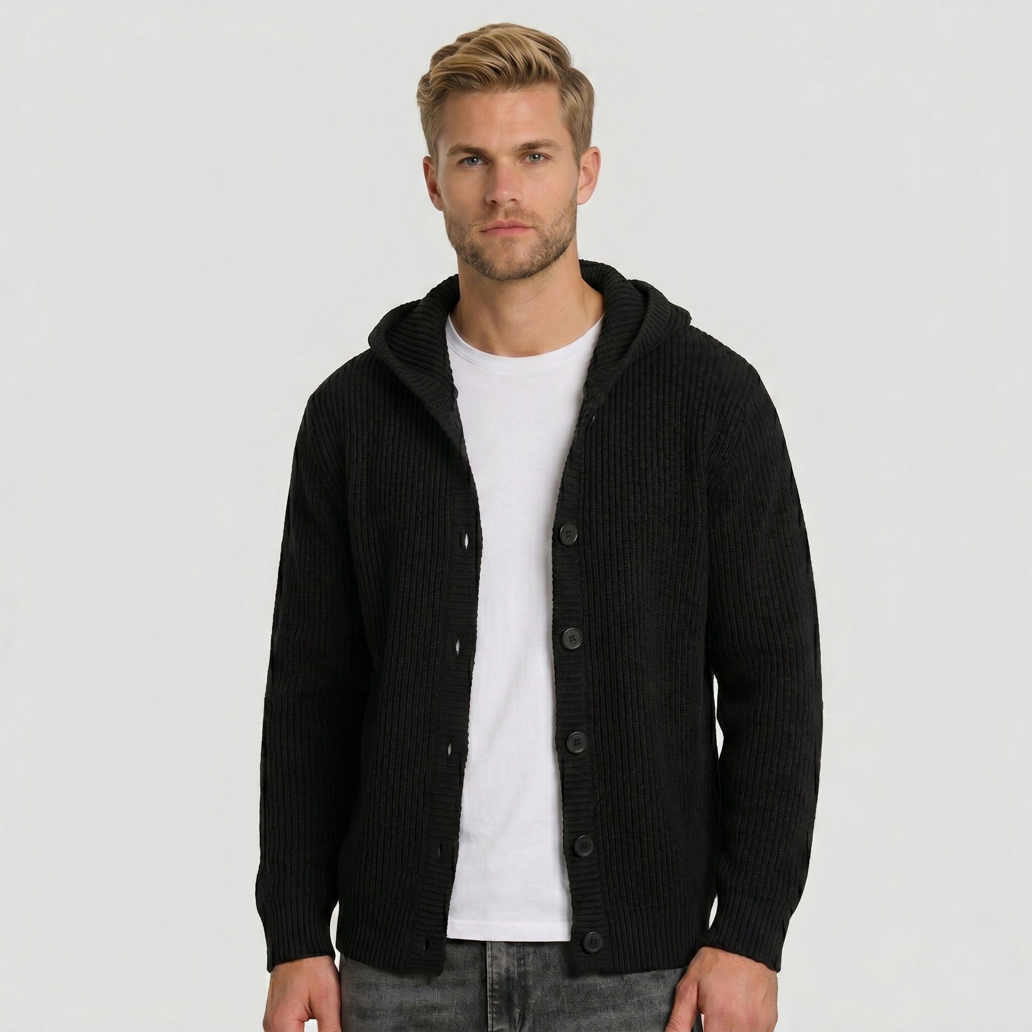 Men's Knit Cardigan Ribbed Hooded Button-Front Regular Fit