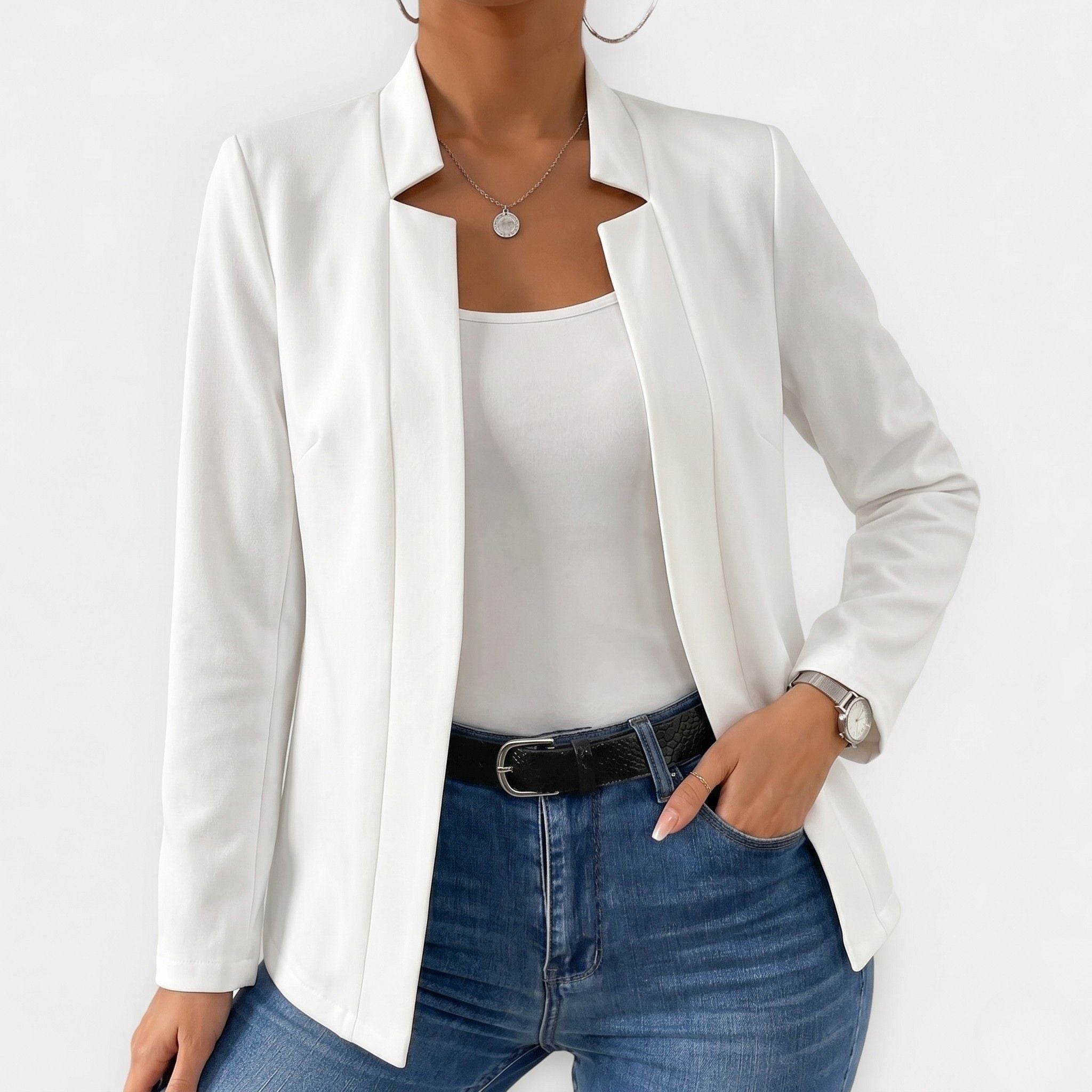 Women's Blazer Collarless Open-Front Longline Tailored Fit