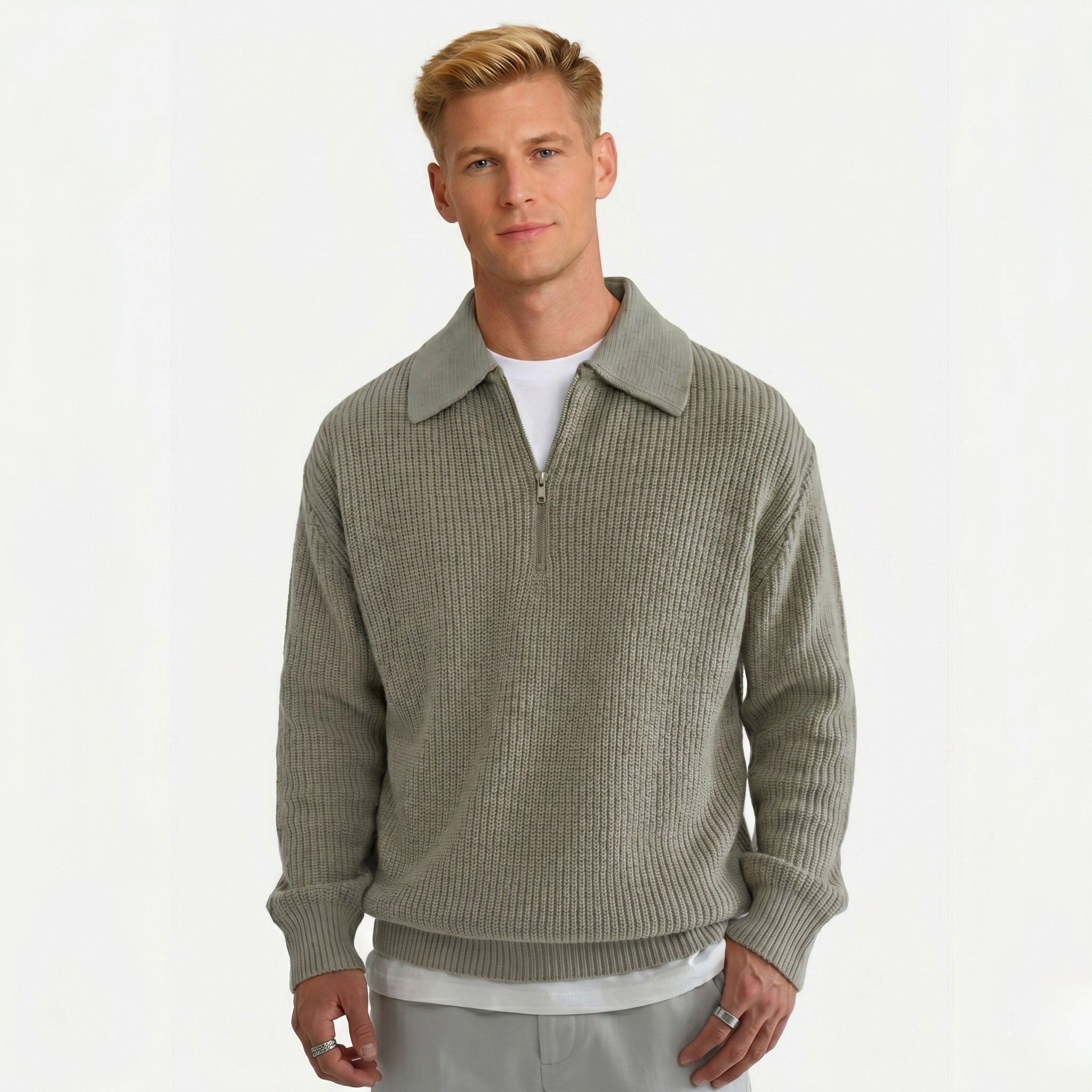 Men's Knit Polo Ribbed Quarter-Zip Relaxed Fit