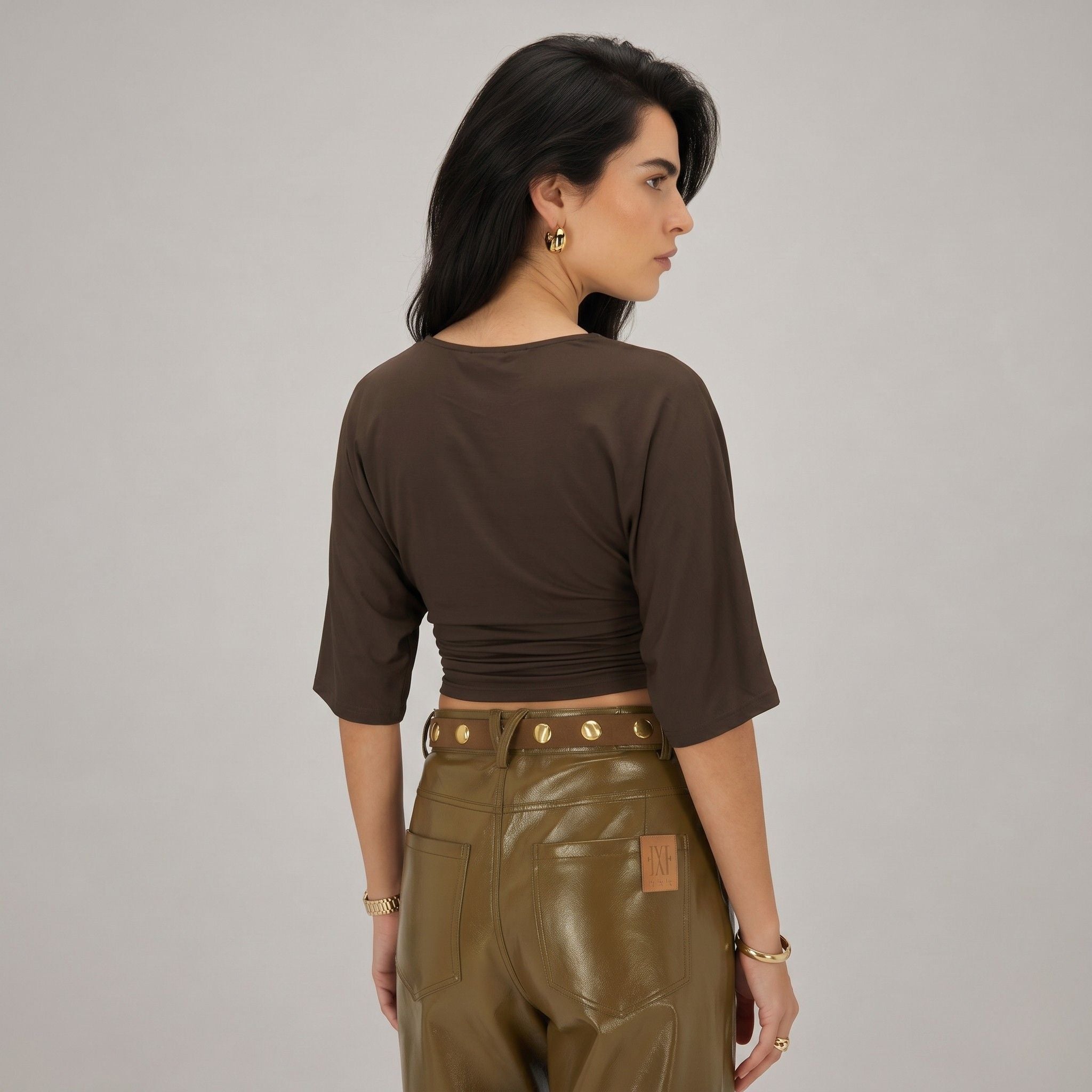 Women's Ruched Crop Top Dolman Sleeve Fitted Waist