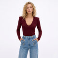 Women's V-Neck Top V-Neck Structured Shoulder Long Sleeve