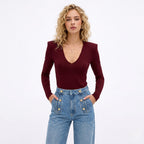 Women's V-Neck Top V-Neck Structured Shoulder Long Sleeve