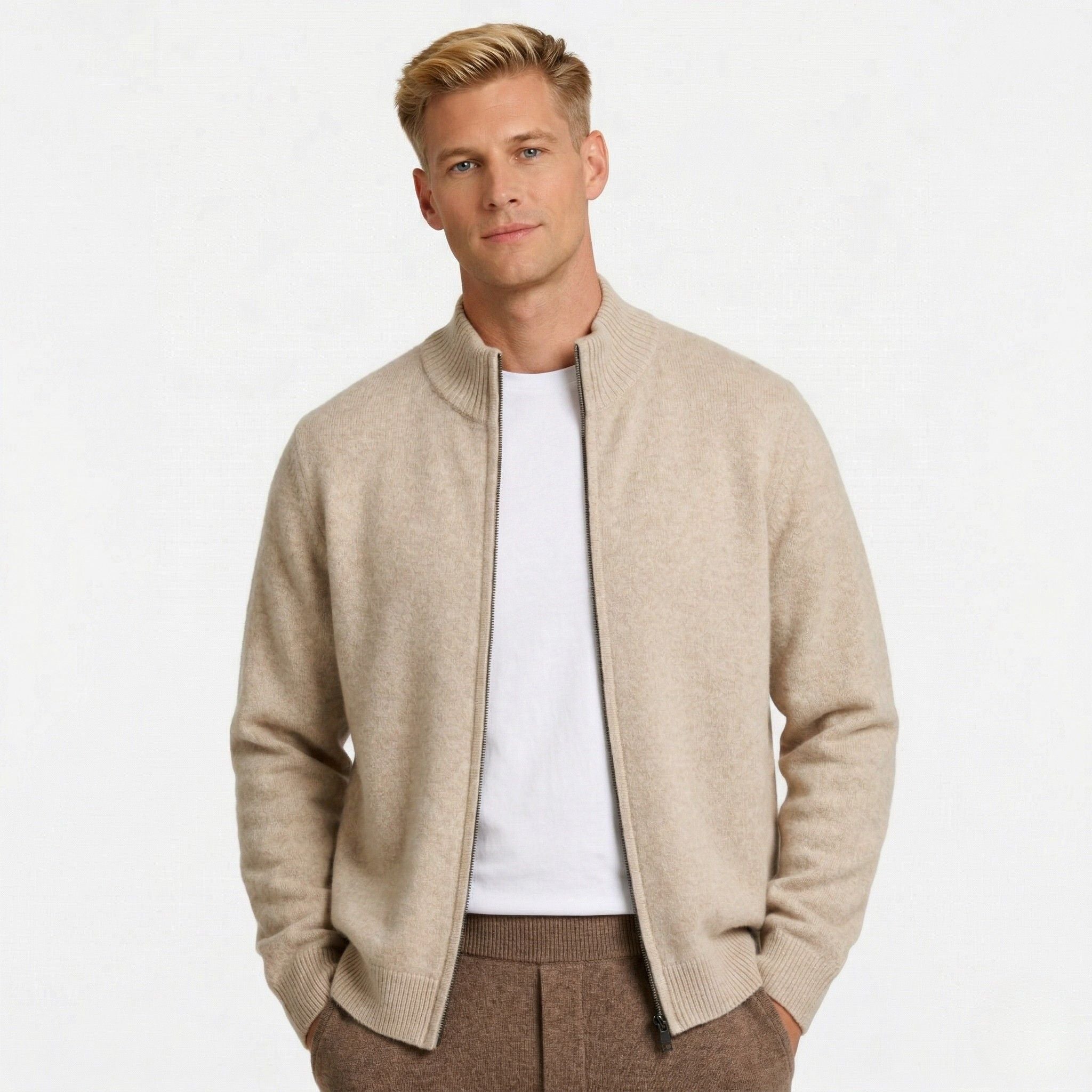 Men's Knit Cardigan Wool-Blend Zip Funnel Neck Regular Fit