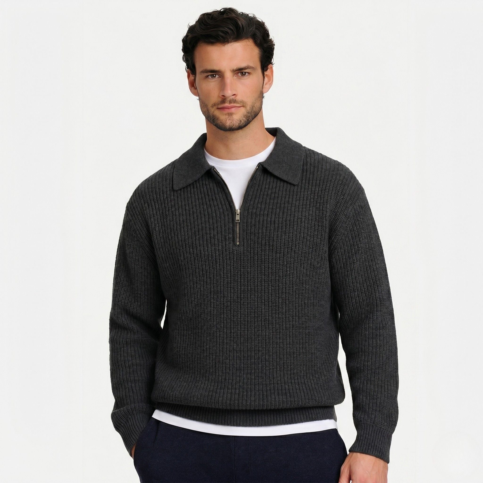 Men's Knit Polo Ribbed Quarter-Zip Relaxed Fit