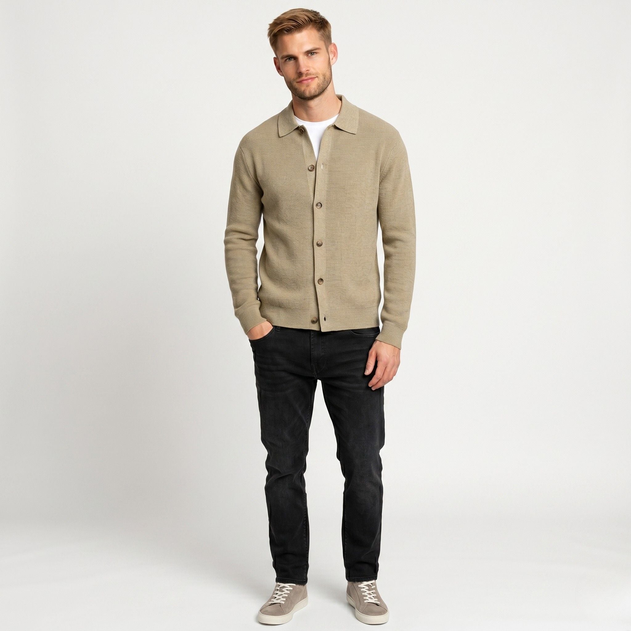 Men's Knit Cardigan Shirt Collar Button-Through Ribbed Regular Fit