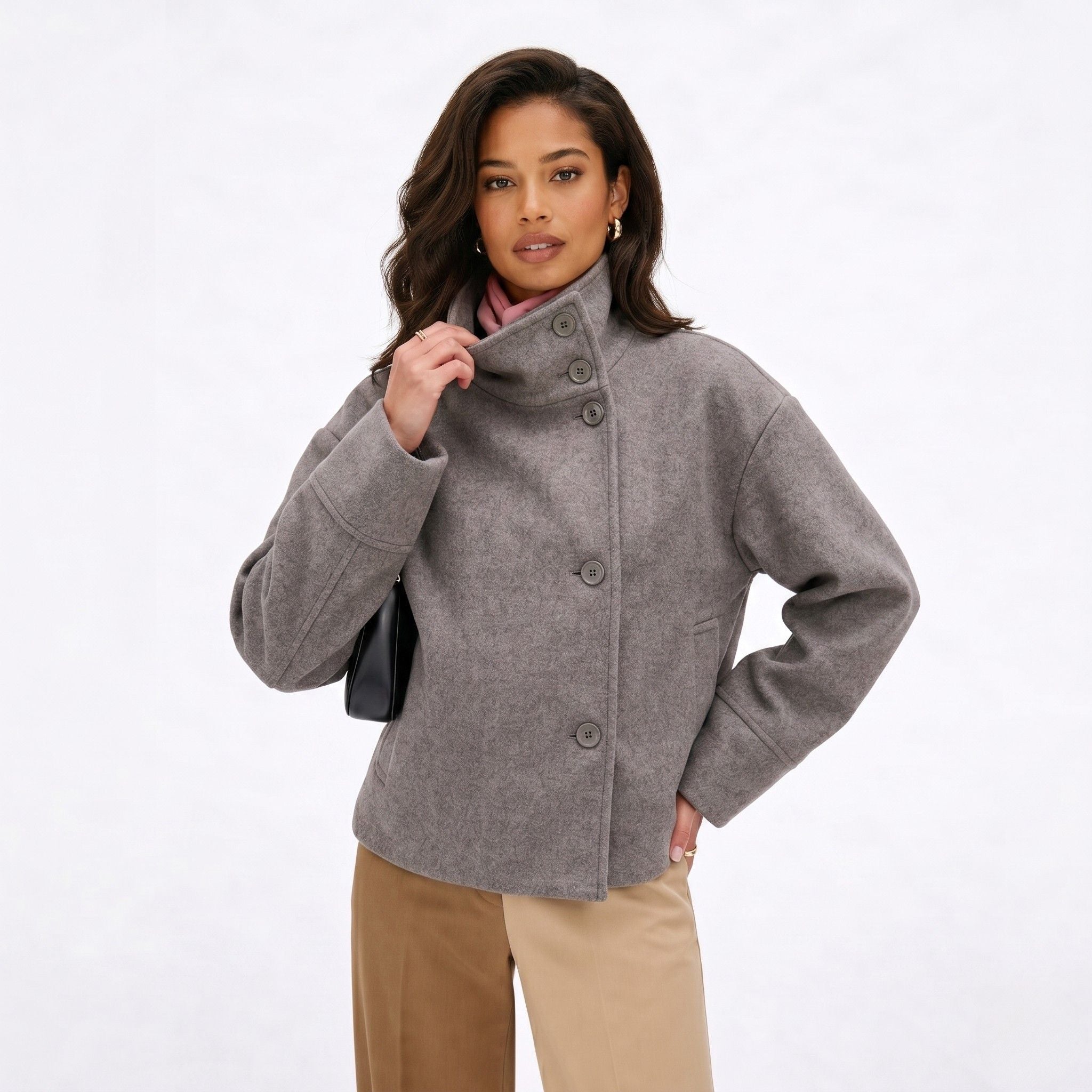 Women's Wool-Blend Coat Jacket Single-Breasted Funnel Neck
