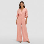 Women's Wrap Jumpsuit V-Neck Batwing Sleeve Wide Leg Relaxed Fit