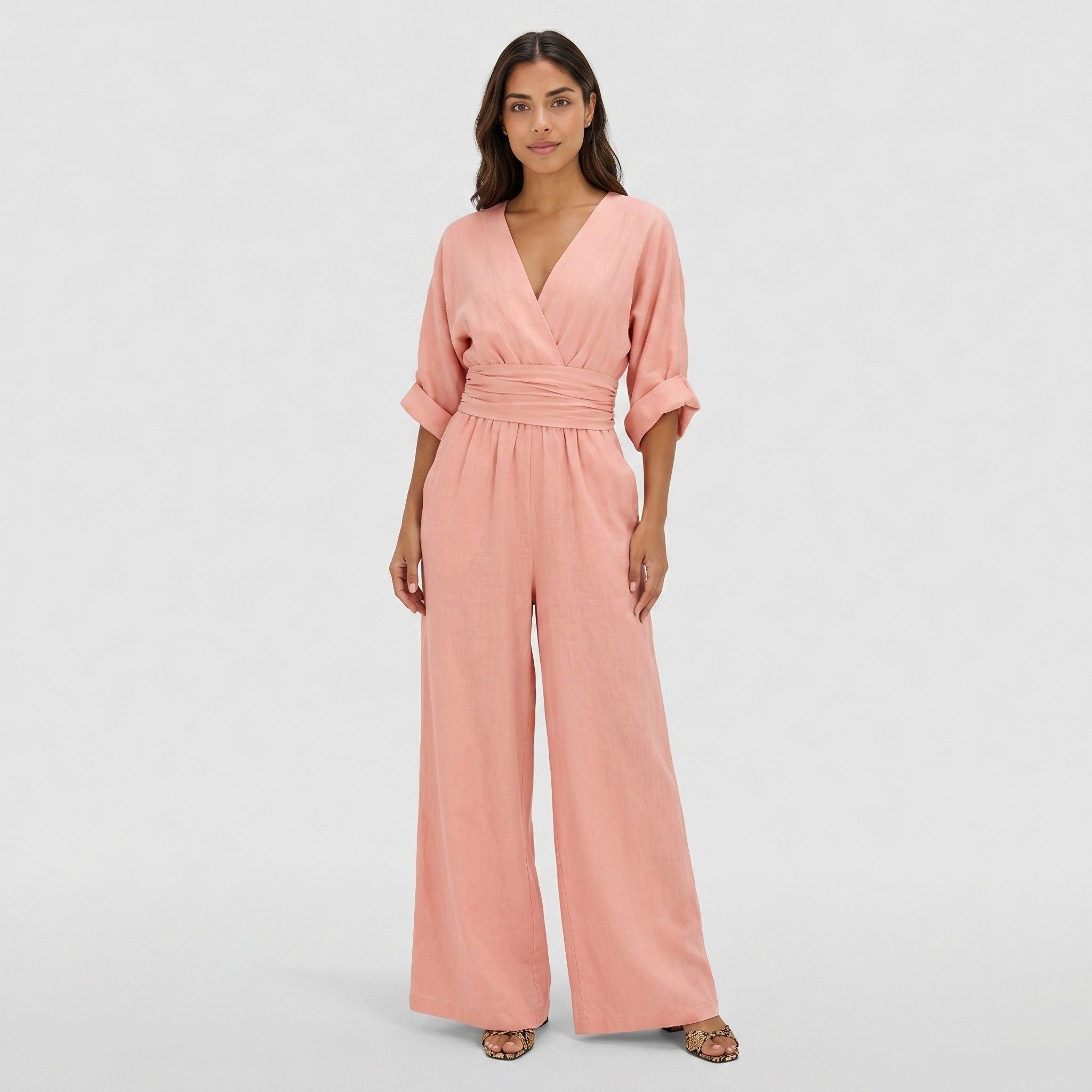 Women's Wrap Jumpsuit V-Neck Batwing Sleeve Wide Leg Relaxed Fit