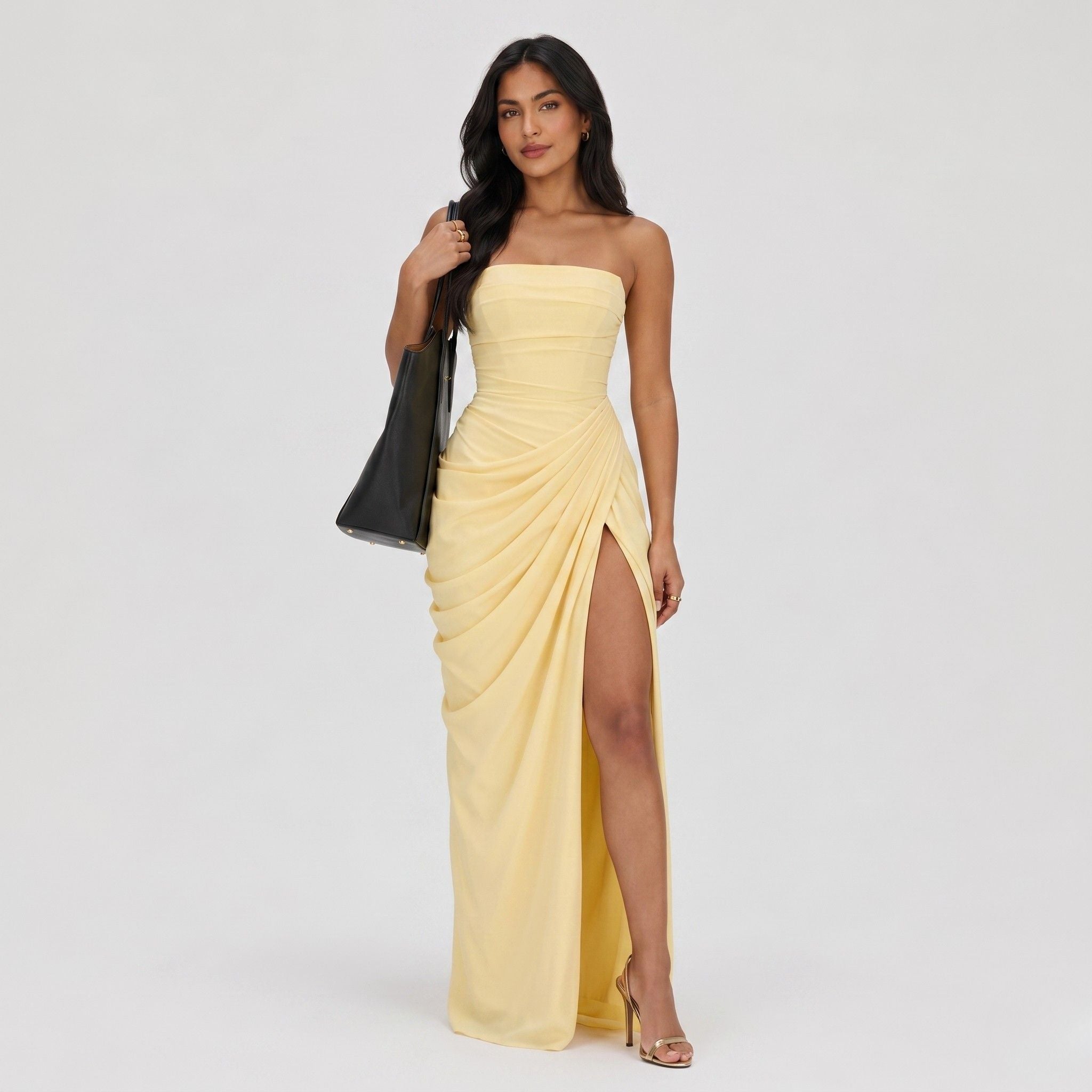 Women's Strapless Maxi Dress Bandeau Draped Side Split