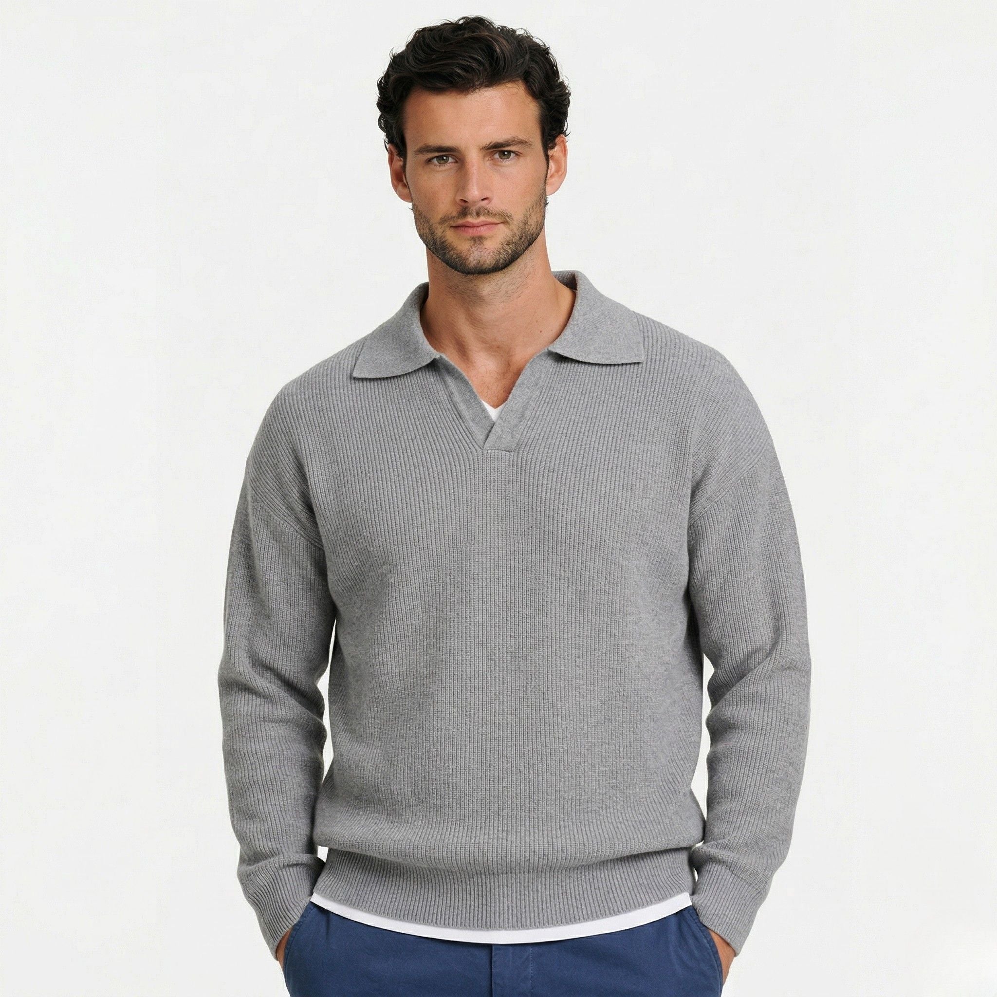 Men's Knit Polo Ribbed Long Sleeve Open Collar Regular Fit