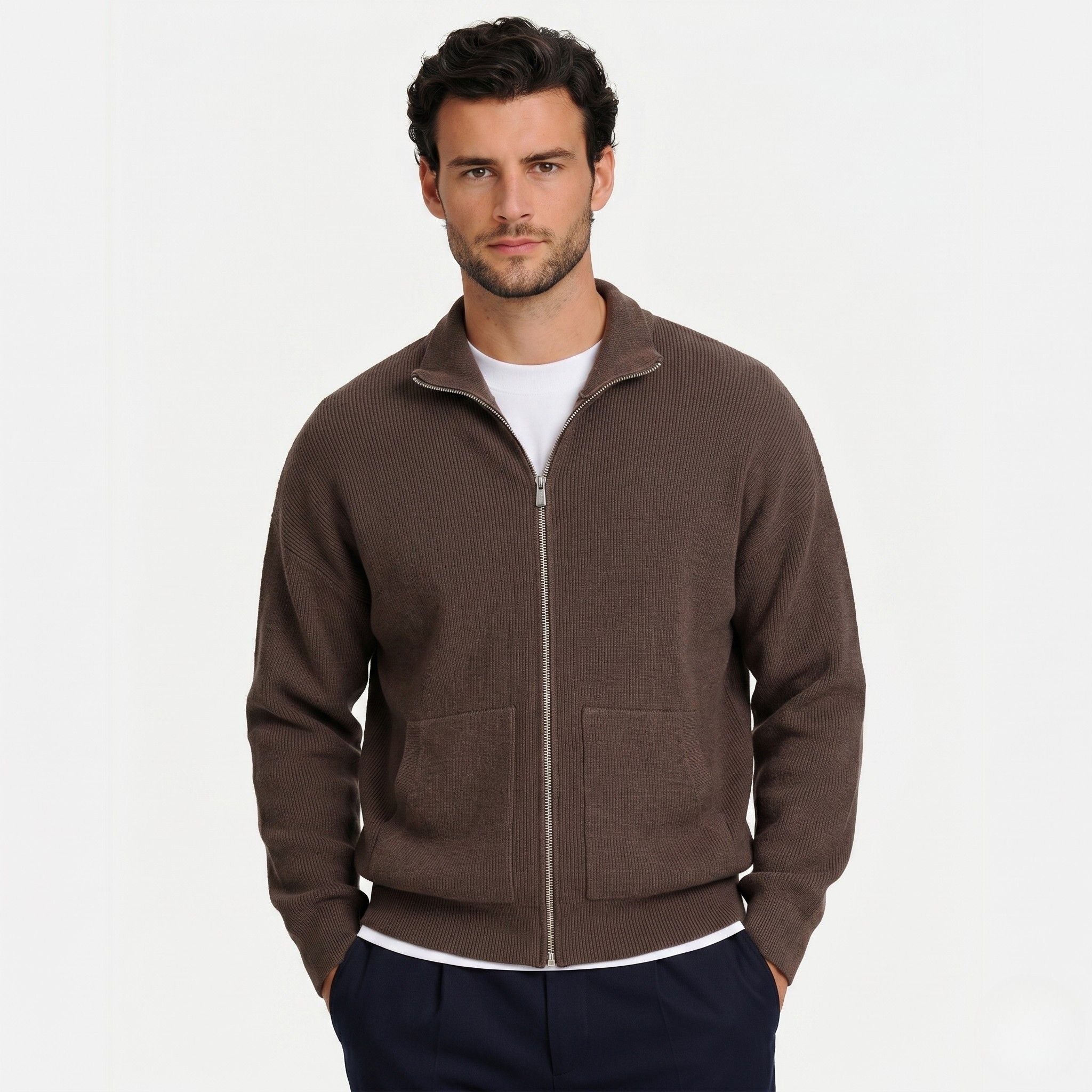 Men's Knit Cardigan Ribbed Zip Regular Fit