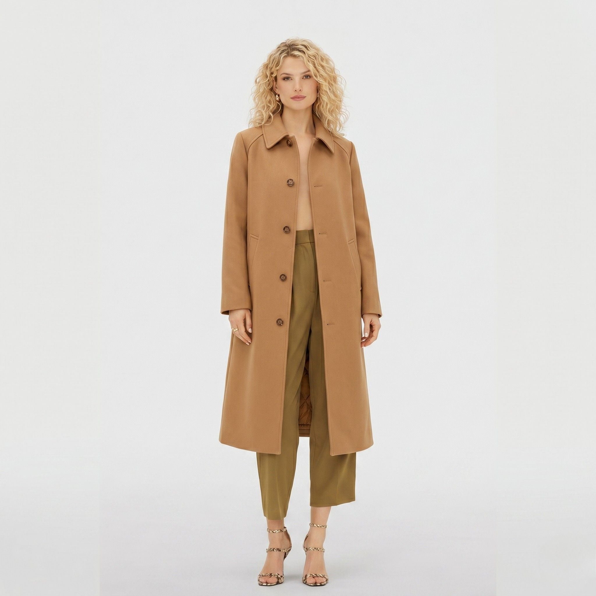 Women's Trench Coat Single-Breasted Longline with Pointed Collar Tailored Fit