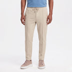 Men's Waffle Knit Trousers Elasticated Drawstring Waist Pintuck Seam Slim Fit