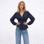 Women's Pinstripe Blouse Long Sleeve Wrap Fitted Waist