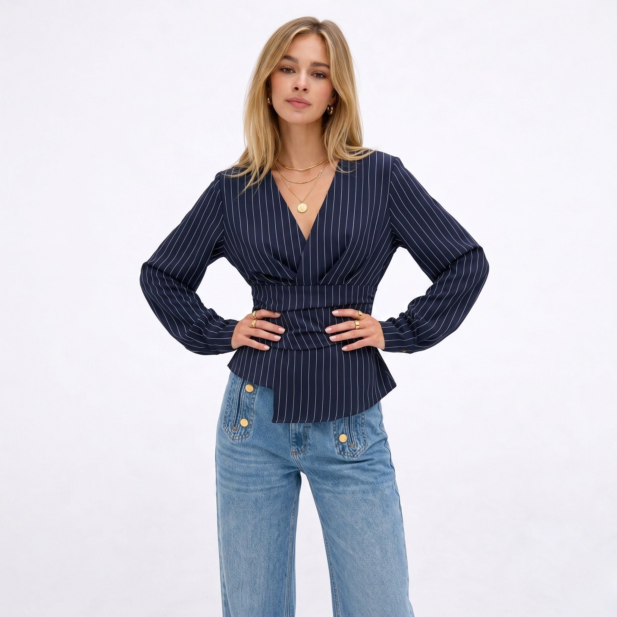 Women's Pinstripe Blouse Long Sleeve Wrap Fitted Waist