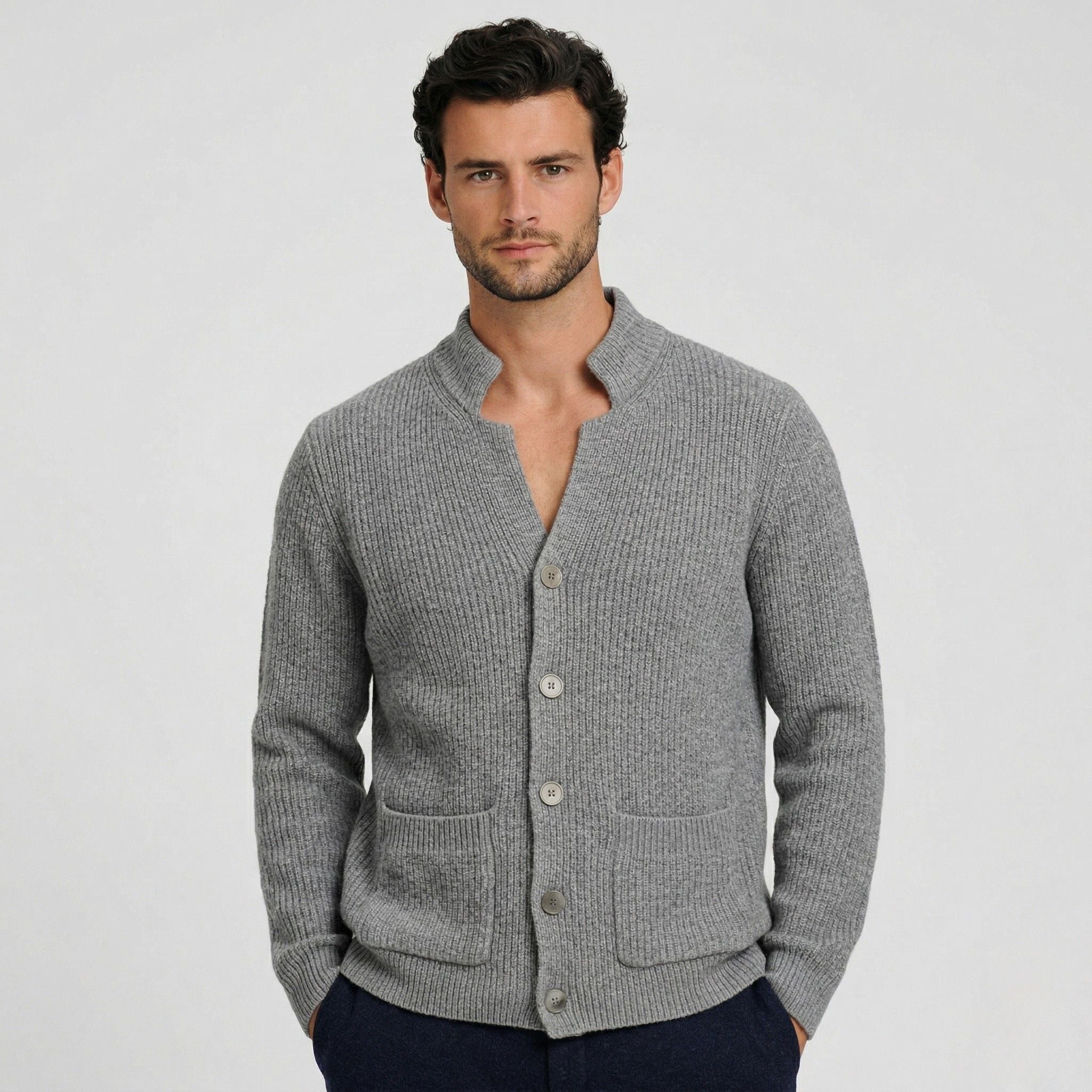 Men's Knit Cardigan Ribbed Patch Pocket Regular Fit