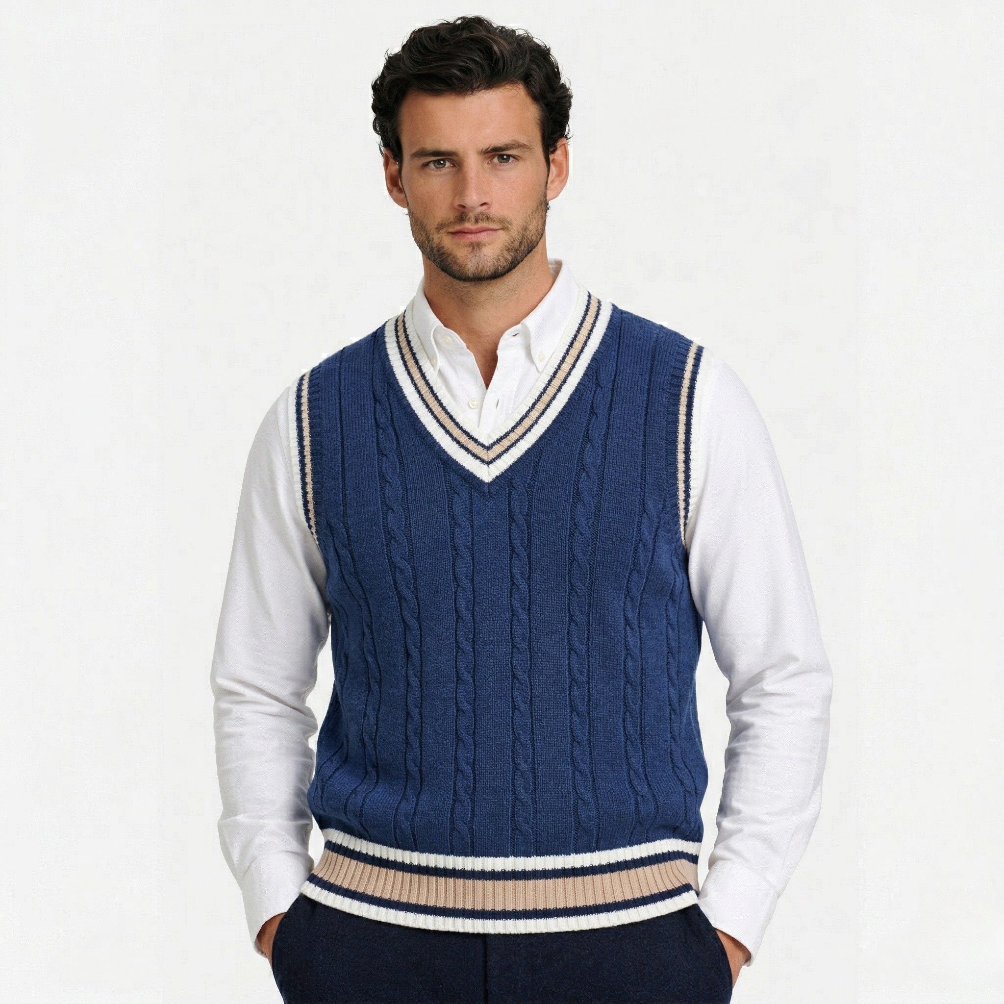 Men's Classic Knit Jumper V Neck Cable Wool Business Wear