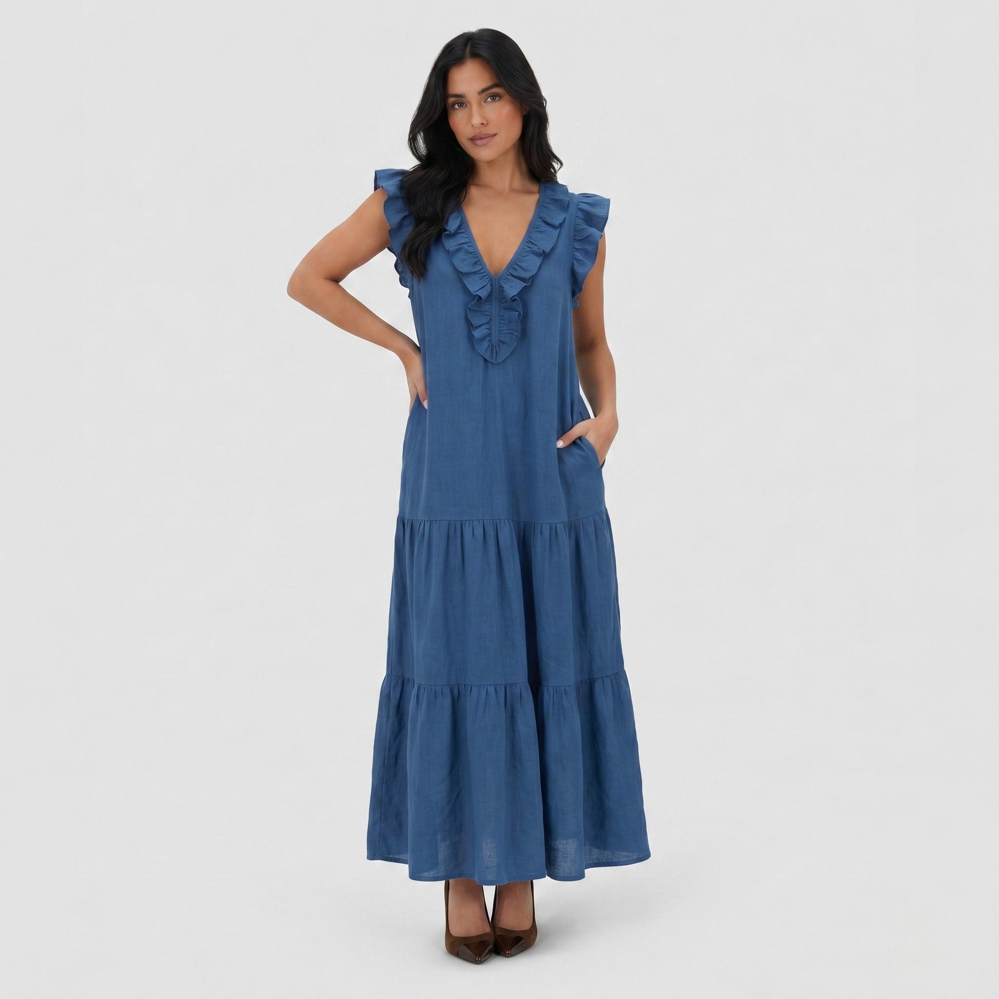 Women's Ruffle Maxi Dress Sleeveless Relaxed Fit