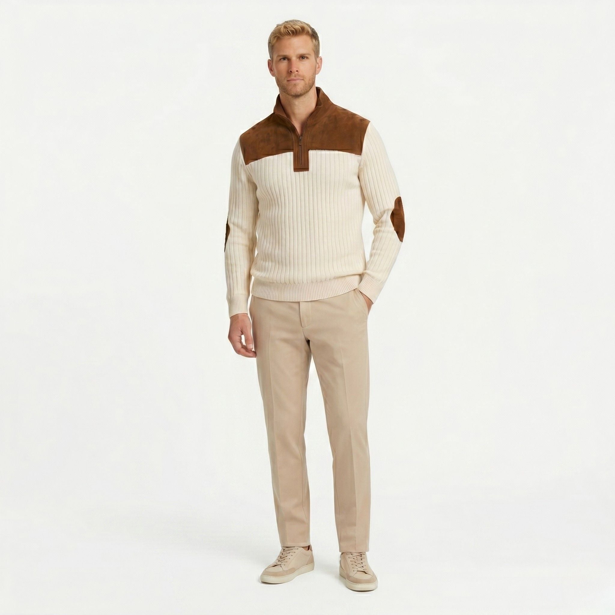 Men's Knit Jumper Quarter-Zip Ribbed Elbow Patches Regular Fit