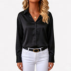 Women's Satin Blouse Long Sleeve Button-Down Point Collar Relaxed Fit