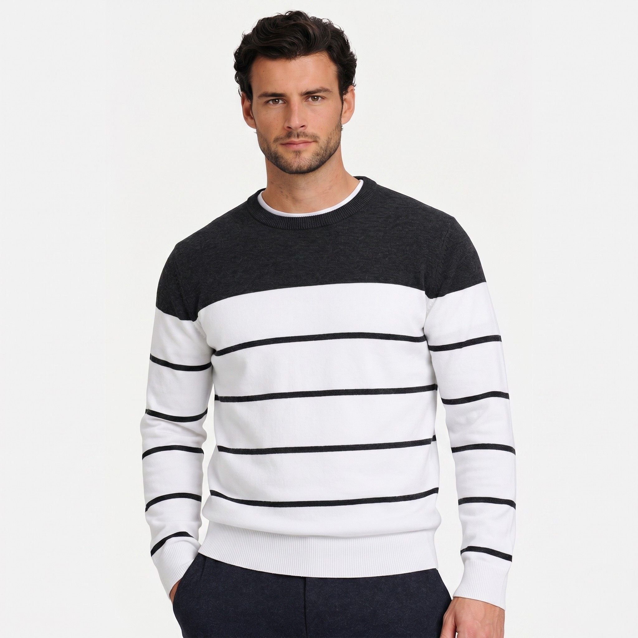 Men's Stripe Jumper Crew Neck Colour Block Regular Fit