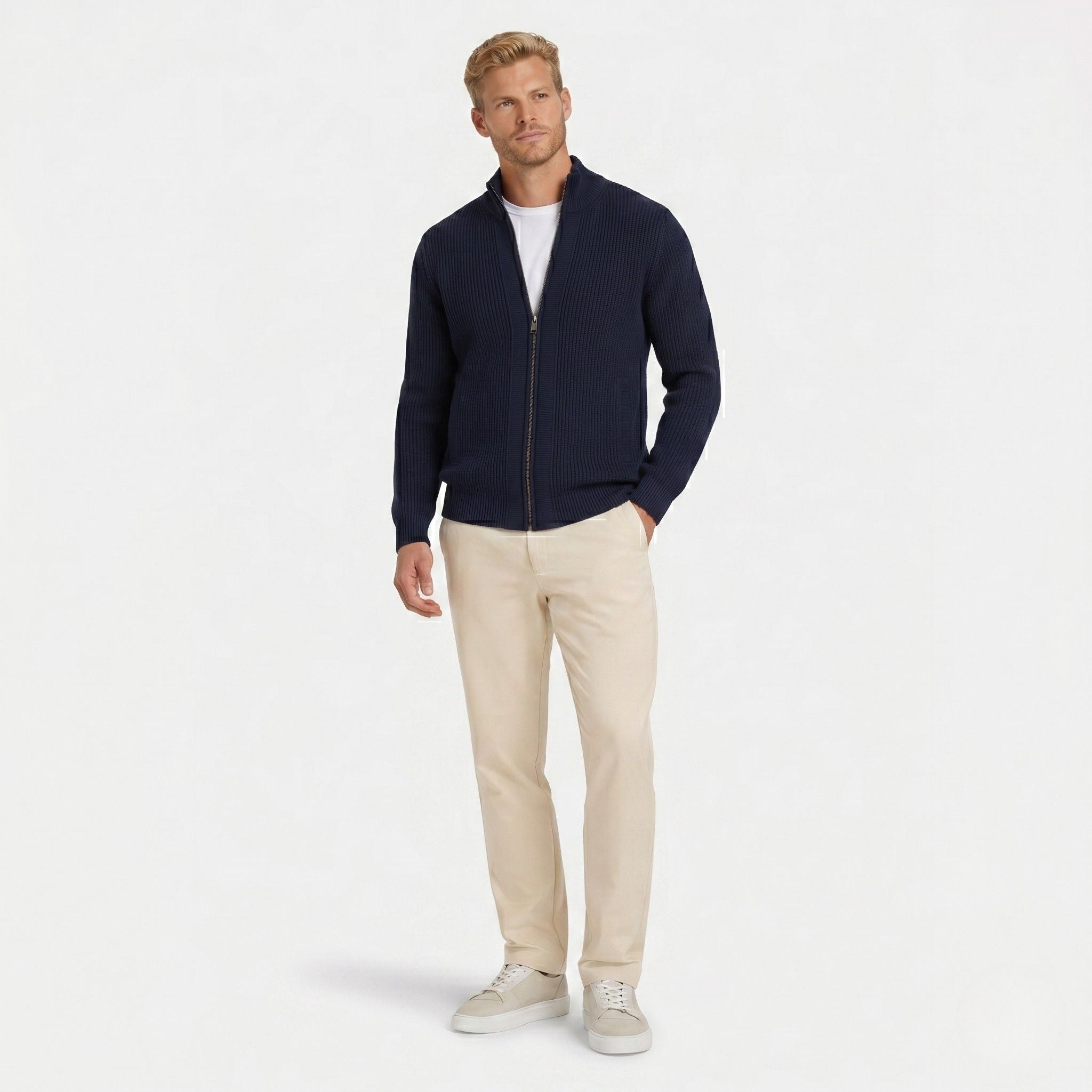 Men's Knit Cardigan Ribbed Full-Zip Funnel Neck Regular Fit