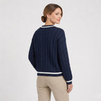 Women's Knit Jumper Cable V-Neck Cricket Stripe Regular Fit