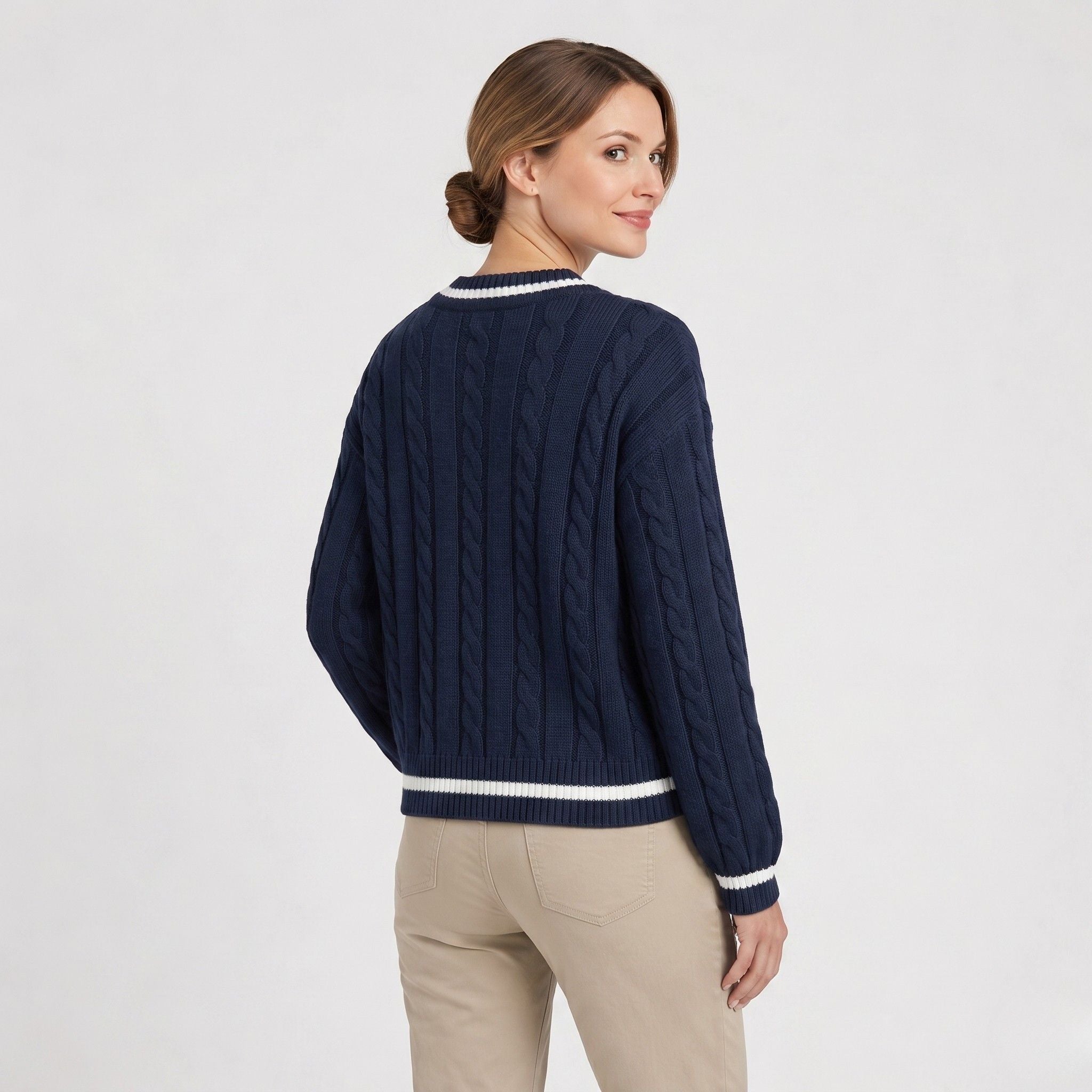 Women's Knit Jumper Cable V-Neck Cricket Stripe Regular Fit