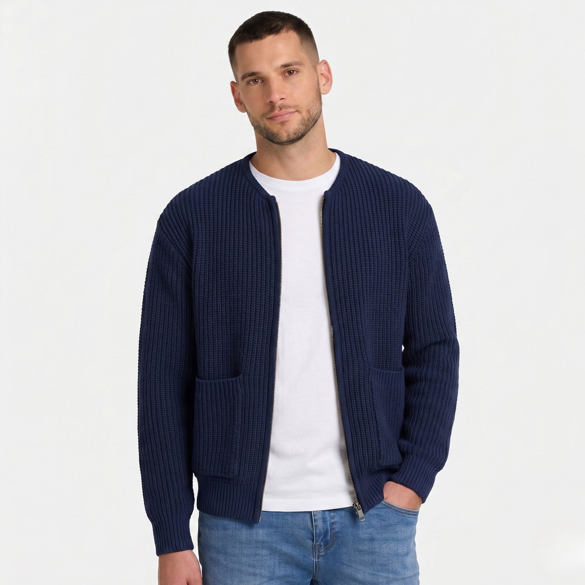 Men's Knit Cardigan Zip Ribbed Regular Fit