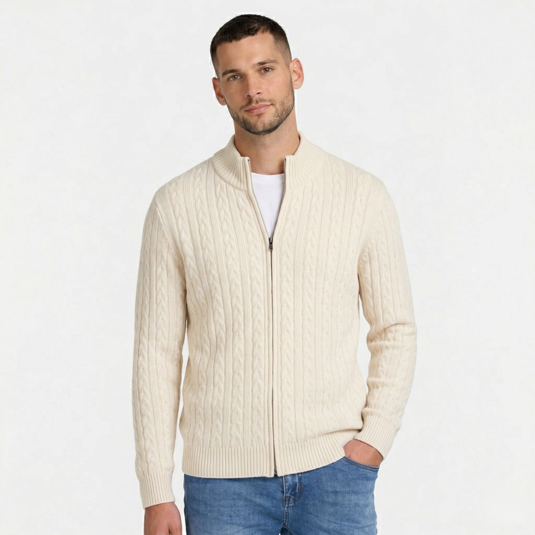 Men's Knit Jumper Cardigan Full-Zip Cable Regular Fit