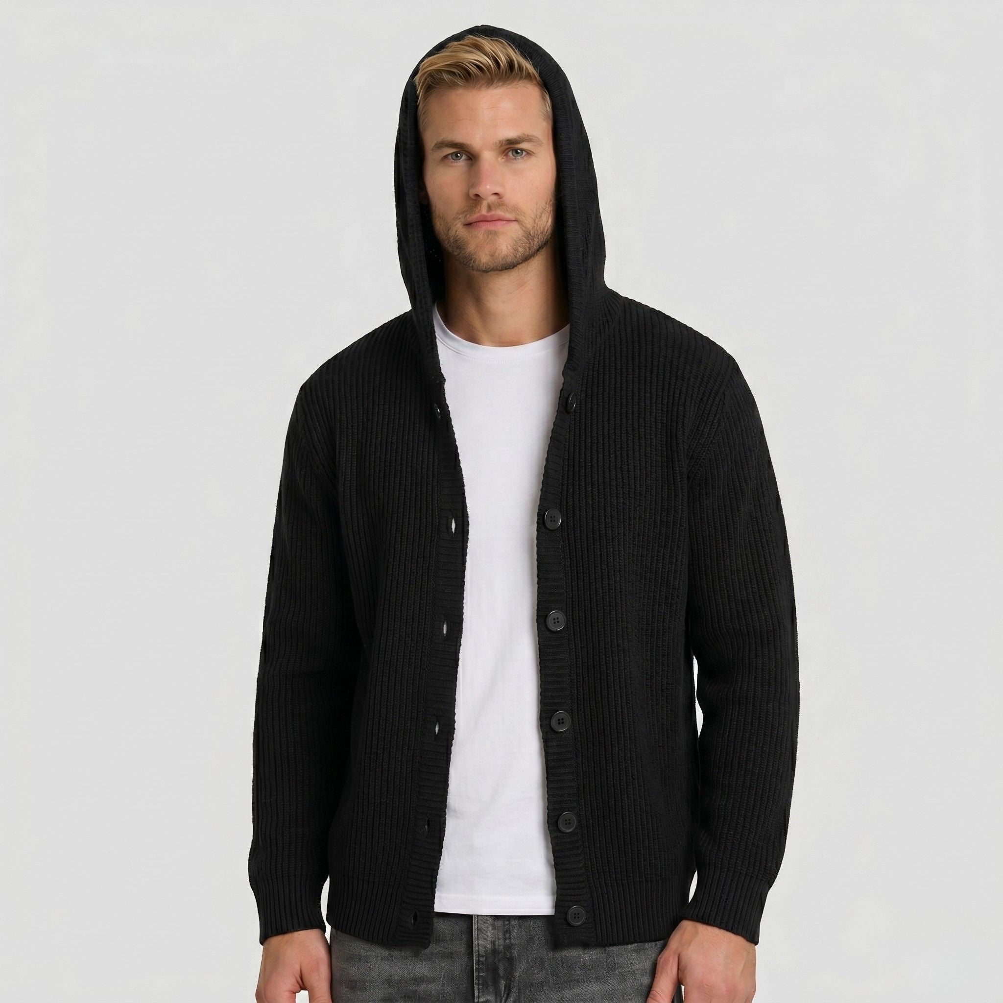 Men's Knit Cardigan Ribbed Hooded Button-Front Regular Fit