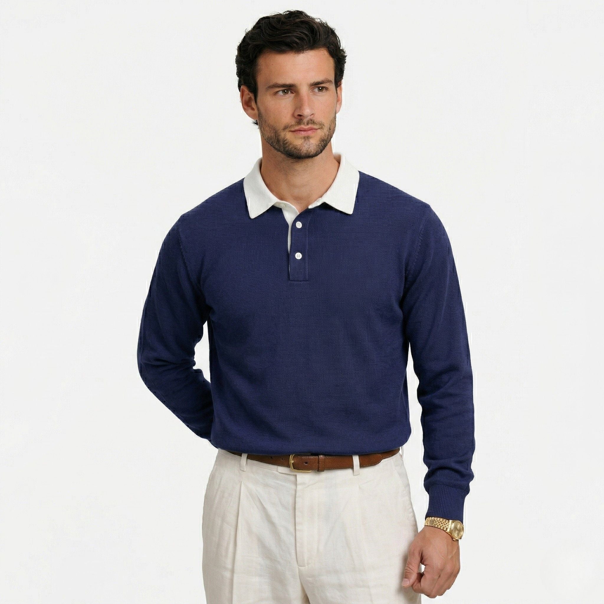 Men's Knit Polo Long Sleeve Contrast Collar Regular Fit