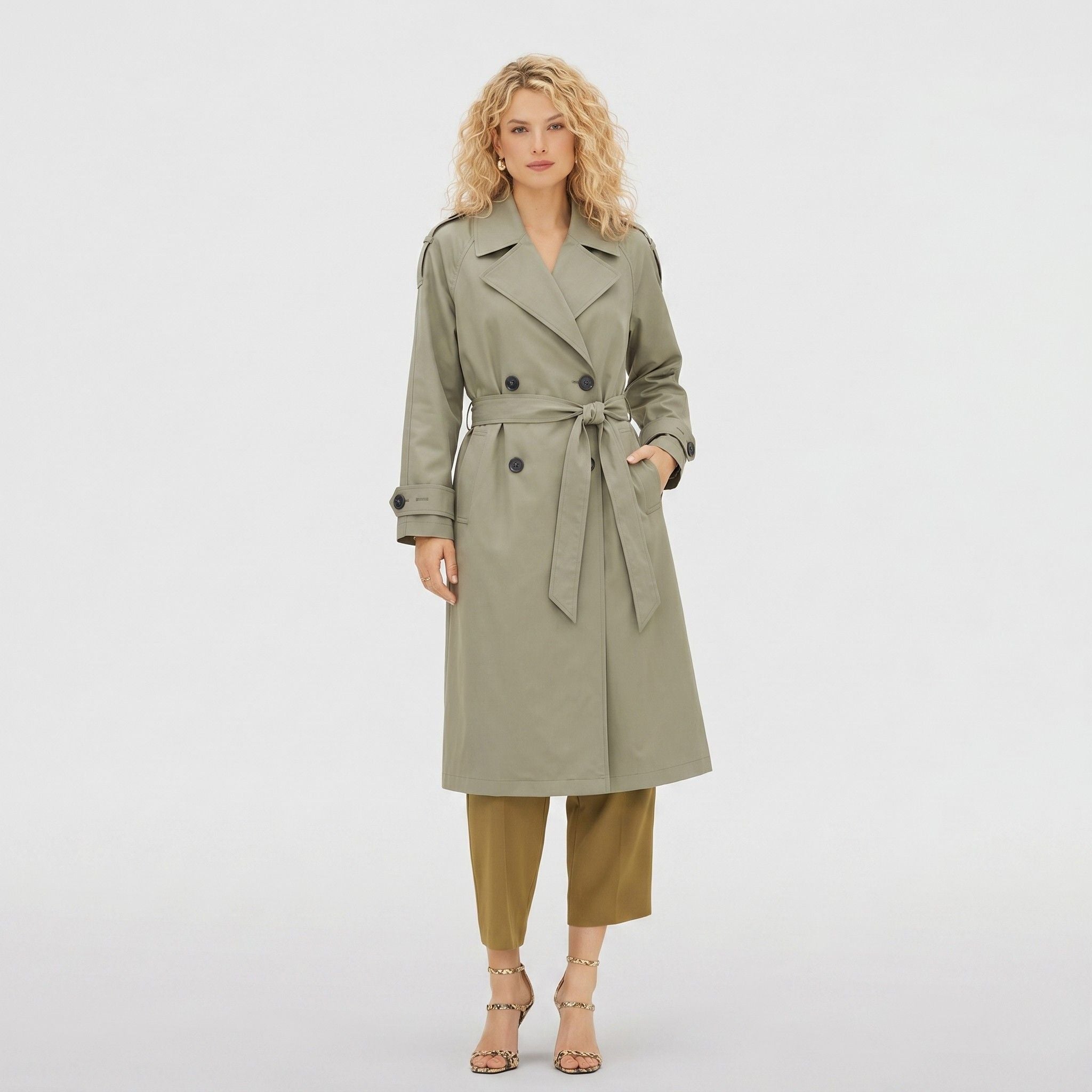 Women's Trench Coat Double-Breasted Belted Longline Relaxed Fit
