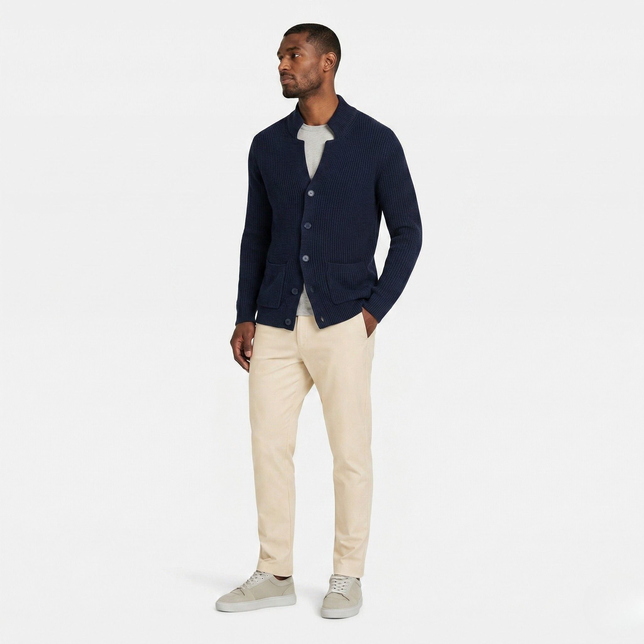 Men's Knit Cardigan Ribbed Patch Pocket Regular Fit