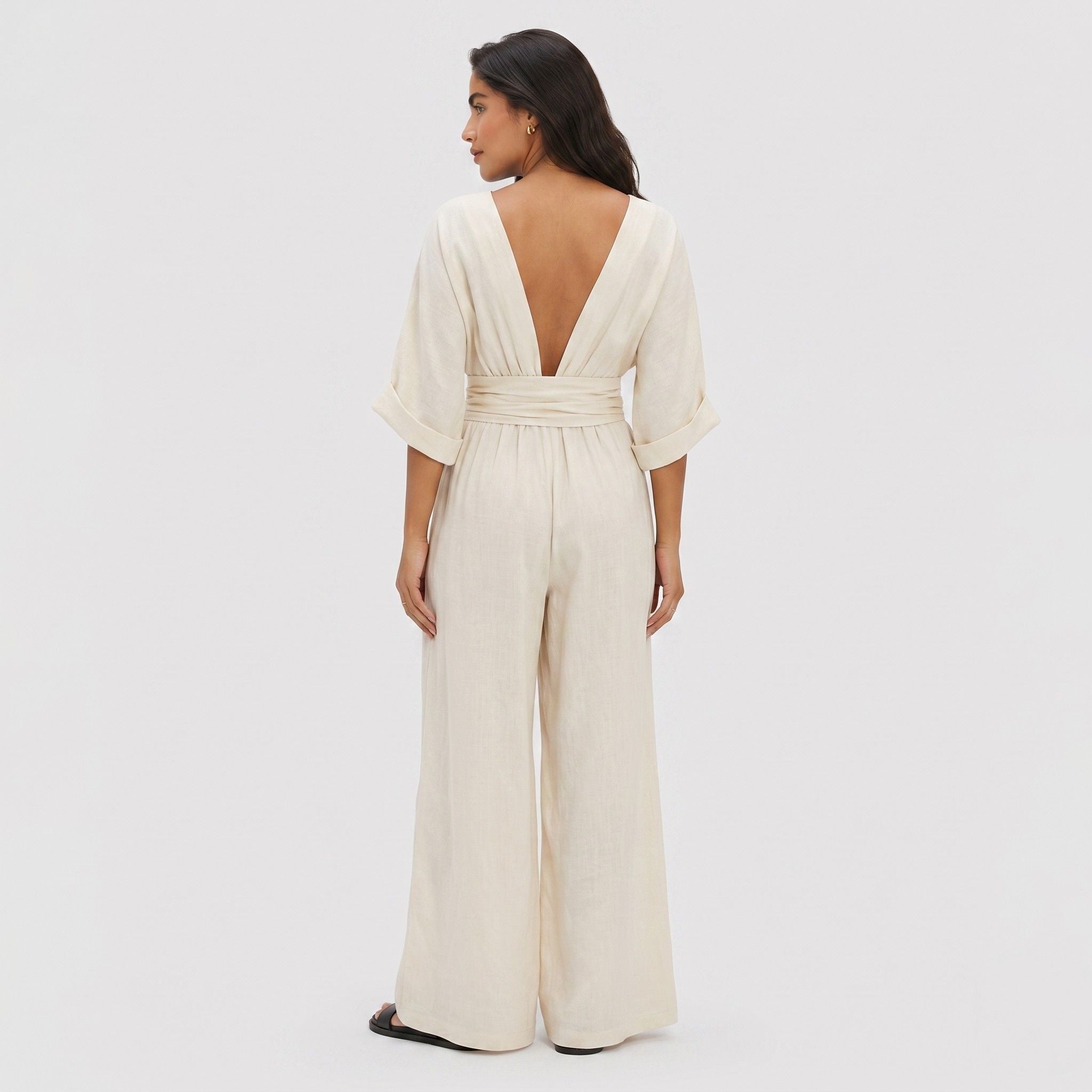 Women's Wrap Jumpsuit V-Neck Batwing Sleeve Wide Leg Relaxed Fit