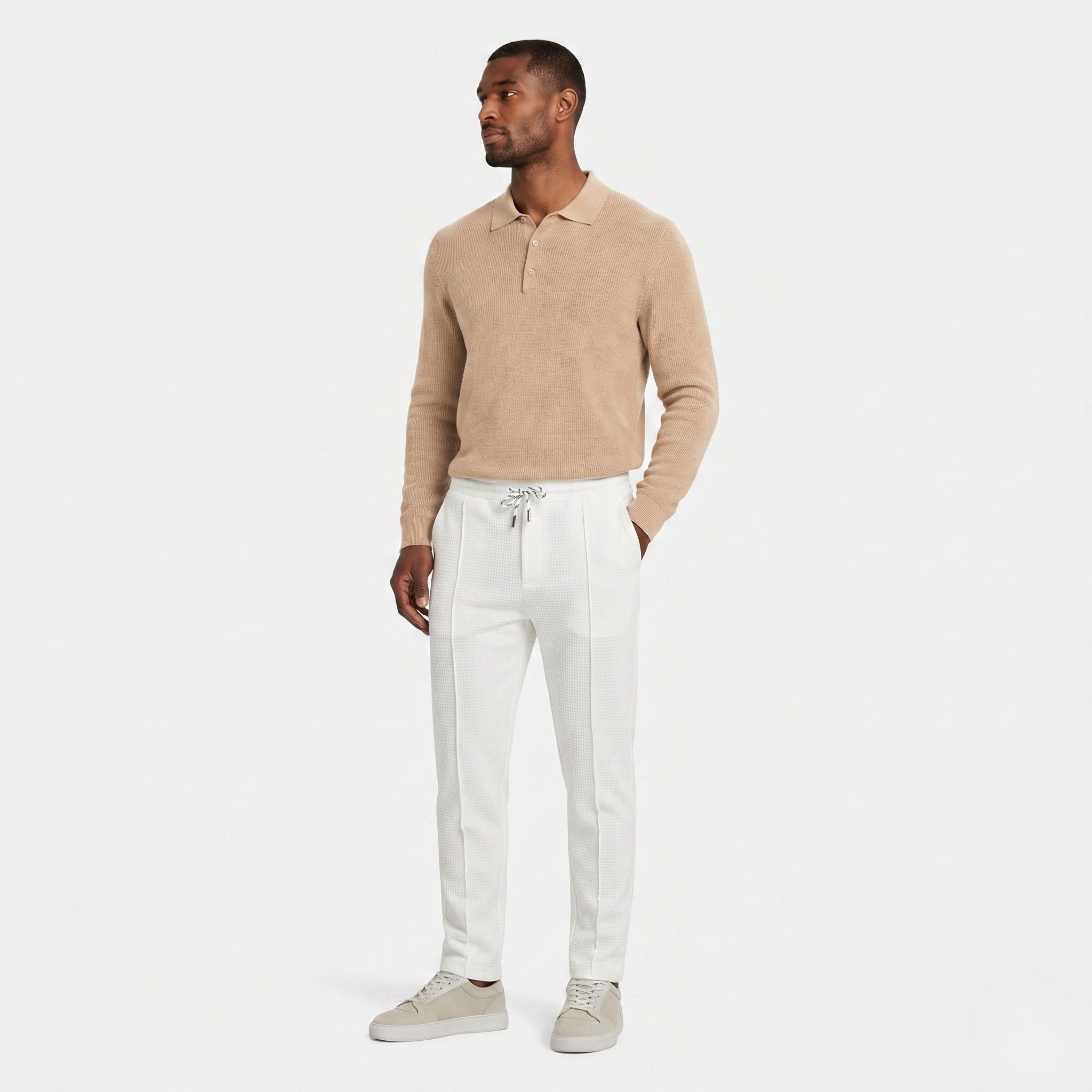 Men's Waffle Knit Trousers Elasticated Drawstring Waist Pintuck Seam Slim Fit