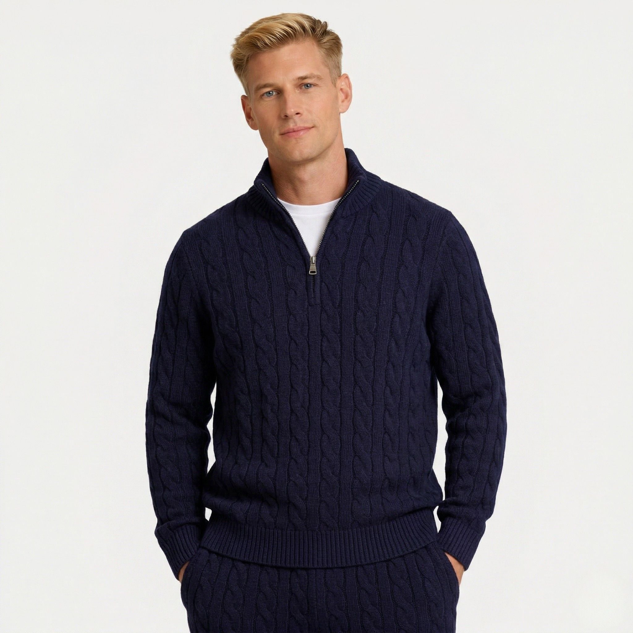 Men's Knit Jumper Cable Quarter-Zip Funnel Neck Regular Fit