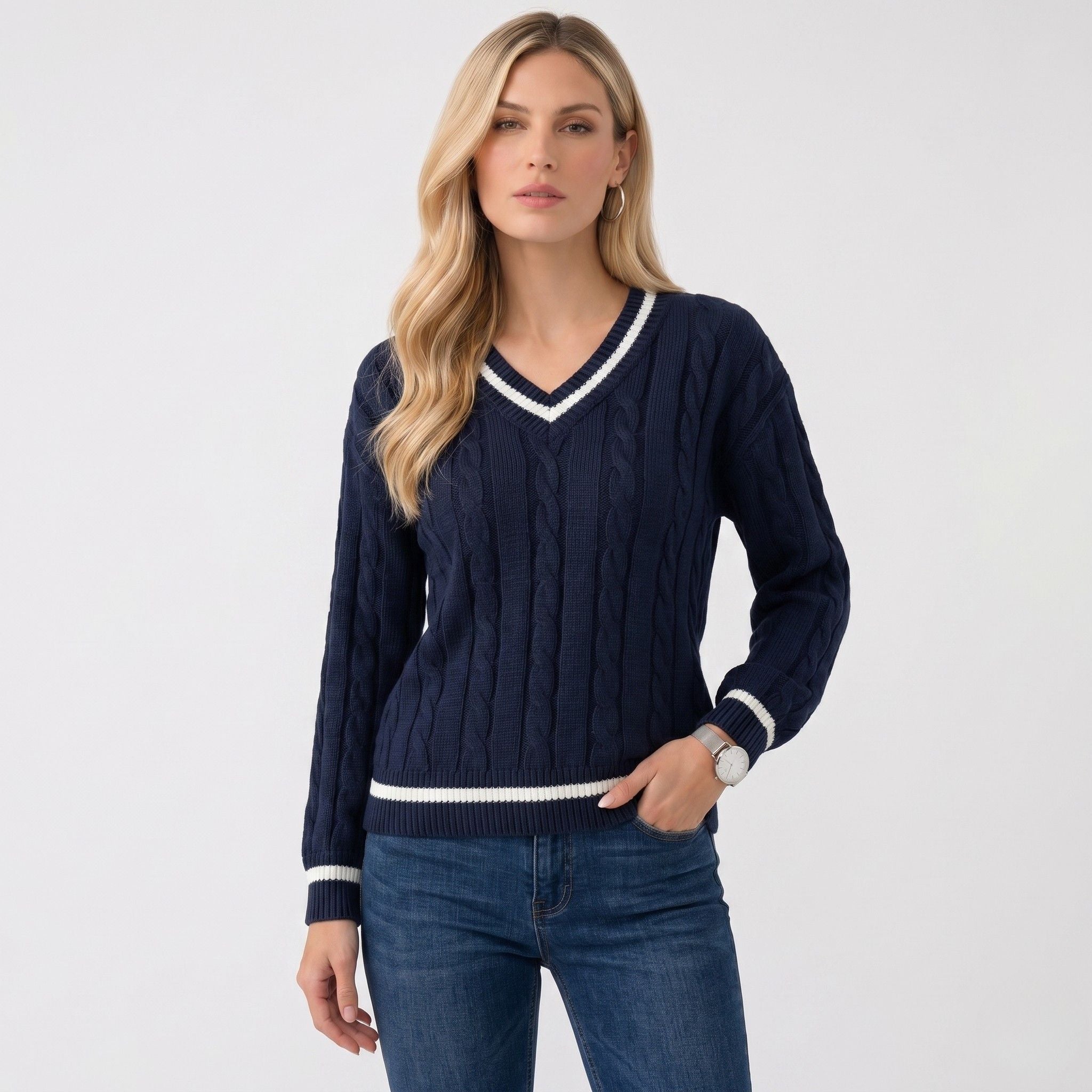 Women's Knit Jumper Cable V-Neck Cricket Stripe Regular Fit
