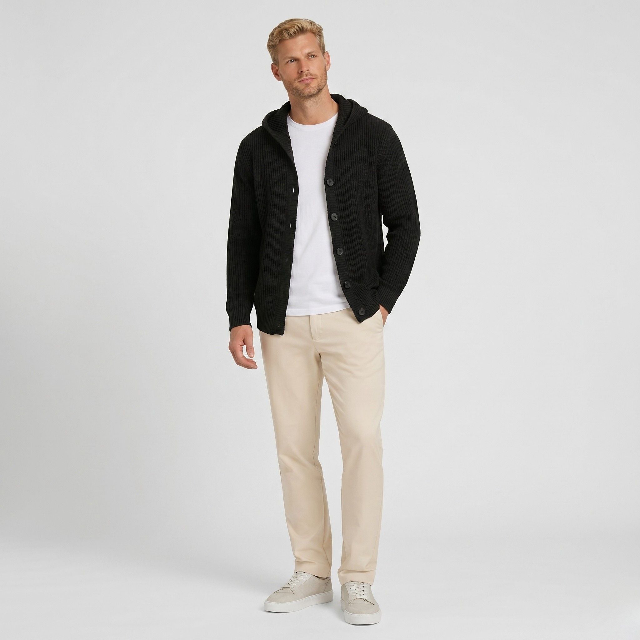 Men's Knit Cardigan Ribbed Hooded Button-Front Regular Fit