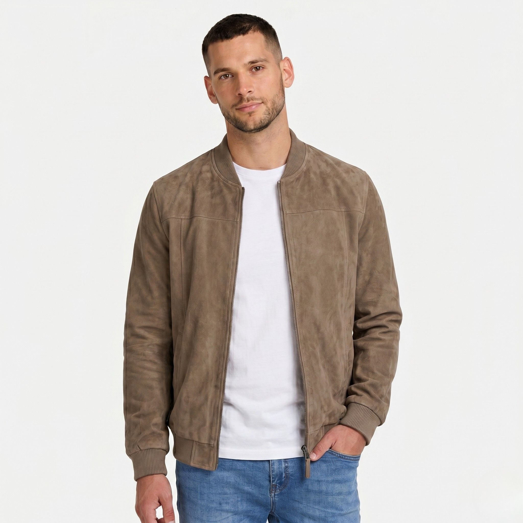 Men's Zip Bomber Jacket Ribbed Collar Regular Fit