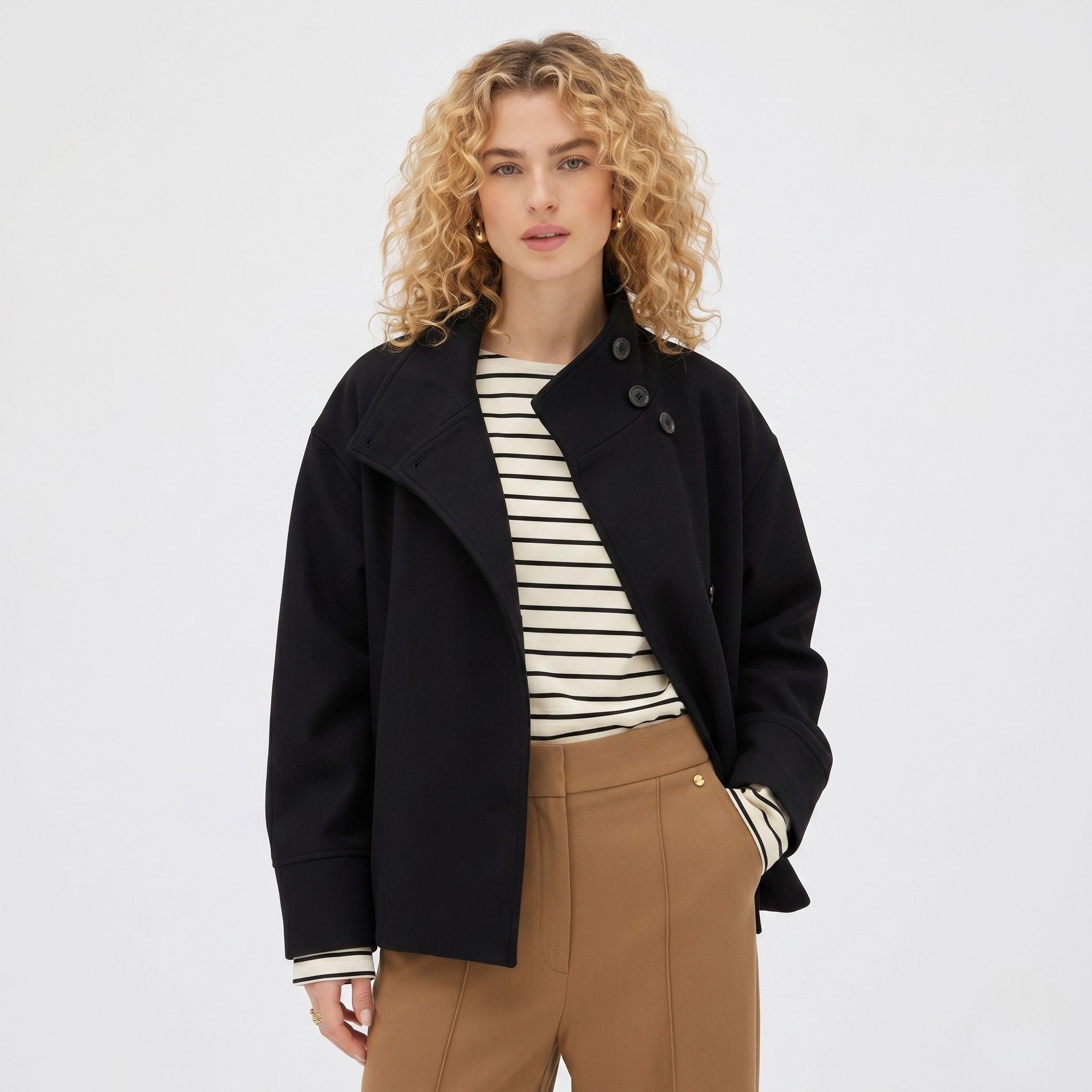 Women's Wool-Blend Coat Jacket Single-Breasted Funnel Neck
