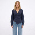 Women's Pinstripe Blouse Long Sleeve Wrap Fitted Waist