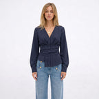 Women's Pinstripe Blouse Long Sleeve Wrap Fitted Waist