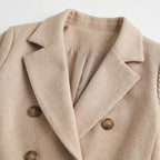 Women's Wool-Blend Jacket Double-Breasted Ribbed Sleeves Notch Lapel Tailored Fit