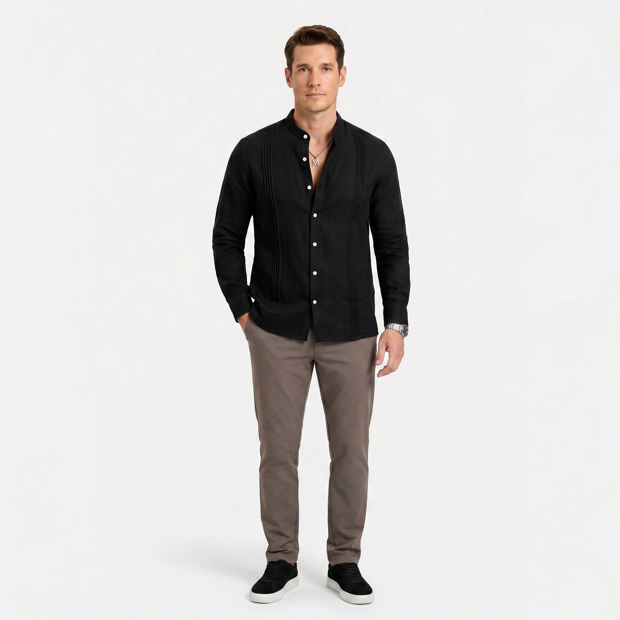 Men's Long Sleeve Shirt Mandarin Collar Pintuck Regular Fit