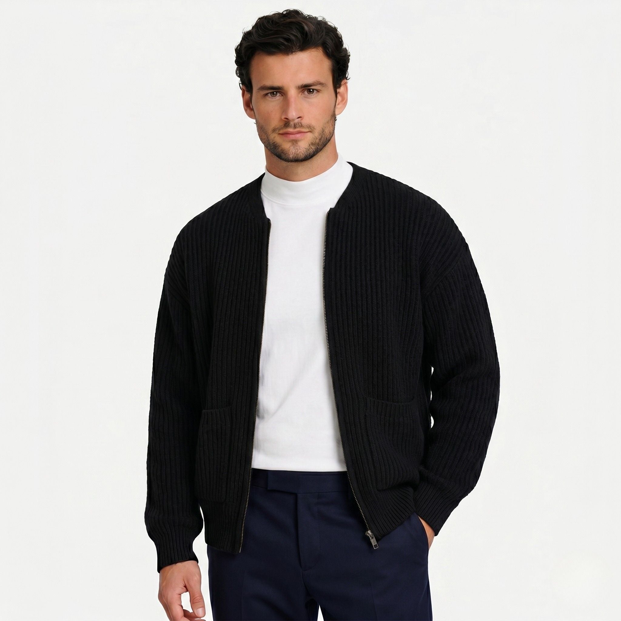 Men's Knit Cardigan Zip Ribbed Regular Fit