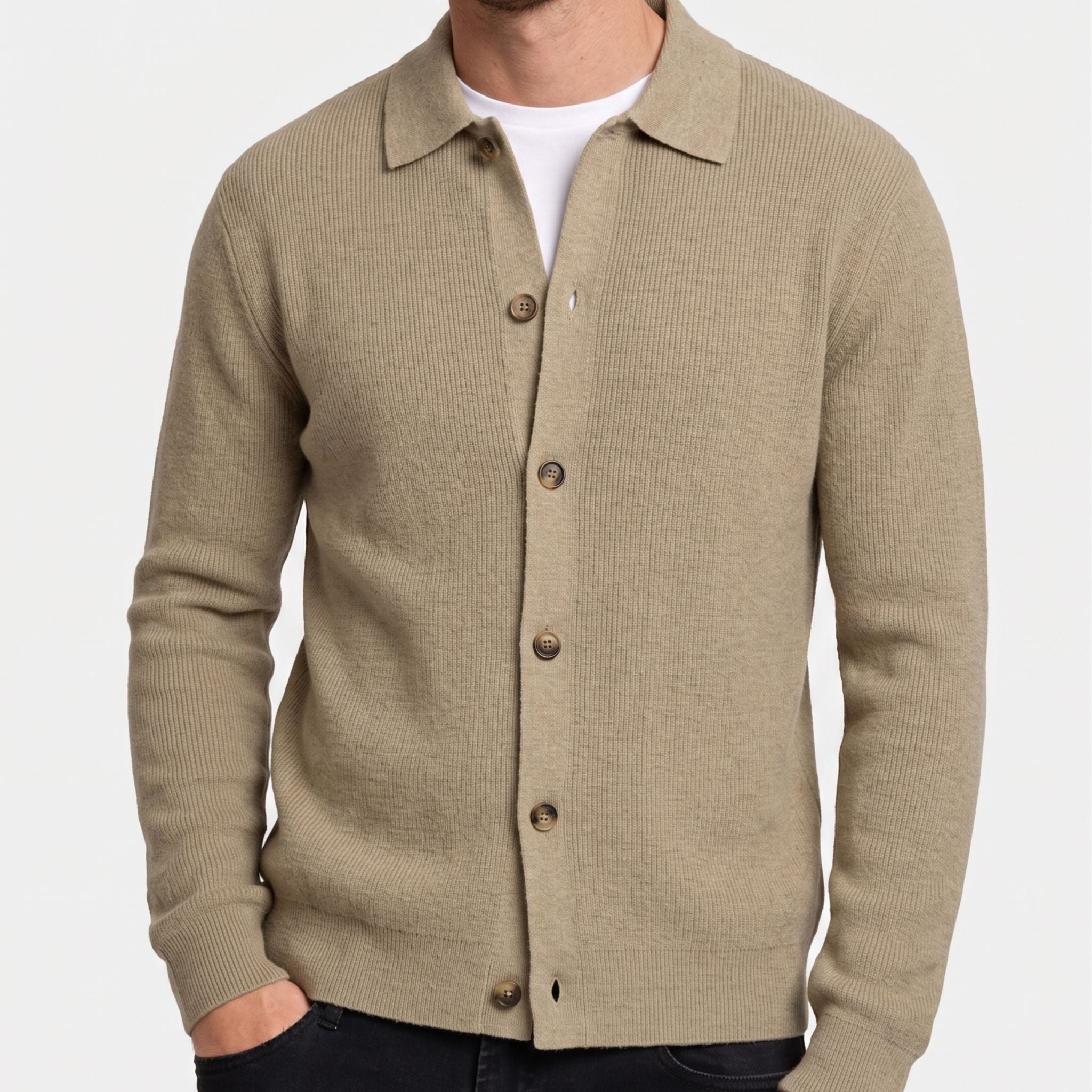Men's Knit Cardigan Shirt Collar Button-Through Ribbed Regular Fit