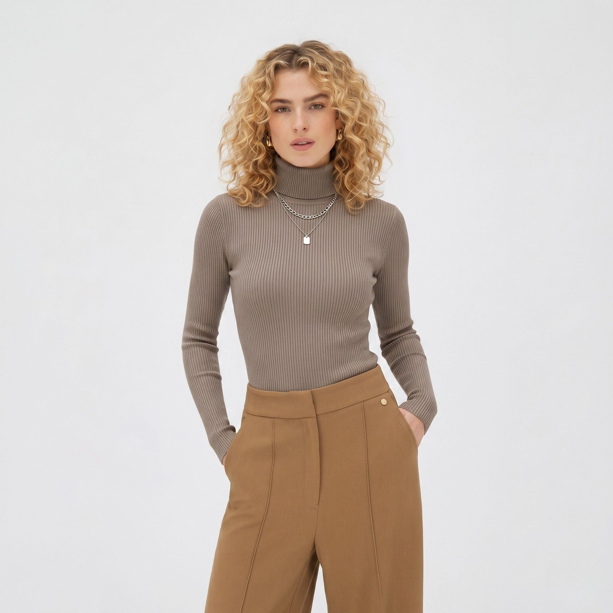 Women's Ribbed Skivvy Jumper Neck Ribbed Long Sleeve